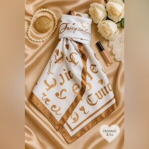 Juicy Couture Gold Logo Satin Silk-Feel Scarf Wrap Shawl NWT Luxe Print